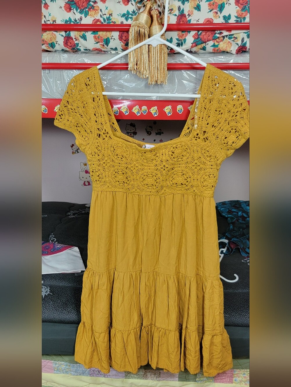 SO Mustard Yellow Crochet Top Midi Dress Size Small